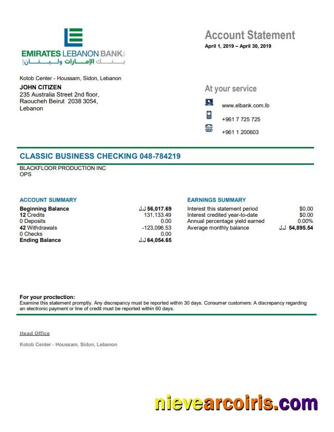Lebanon Emirates Lebanon Bank statement